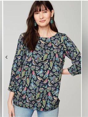 J. Jill Bird Print Boat Neck Top Boho XS Petite Novelty Whimsical Forrest Fairy